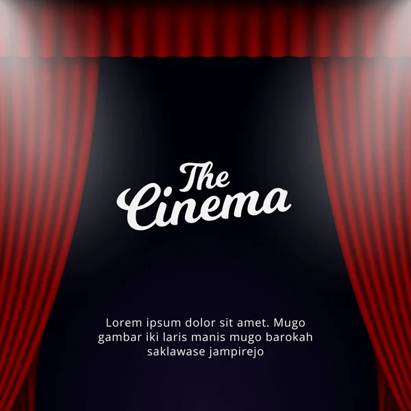 Cinema grand opening poster template. Tirai teater terbuka dengan desain ilustrasi lampu sorot . - Stok Vektor