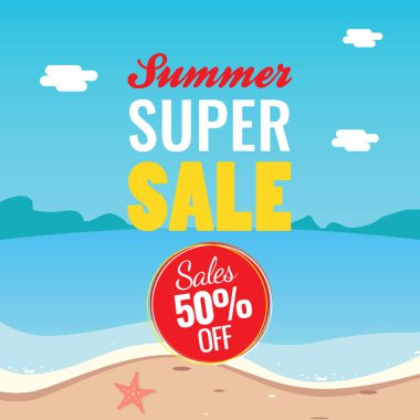 Yaz süper satış afiş promosyon vektör illüstrasyon kapalı% 50. yaz plaj arka plan tasarımı.