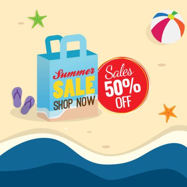 Yaz satış afiş tasarım vektör illüstrasyon kapalı% 50. metin etiketi ve kum plaj arka plan ile alışveriş çantası simgesi.