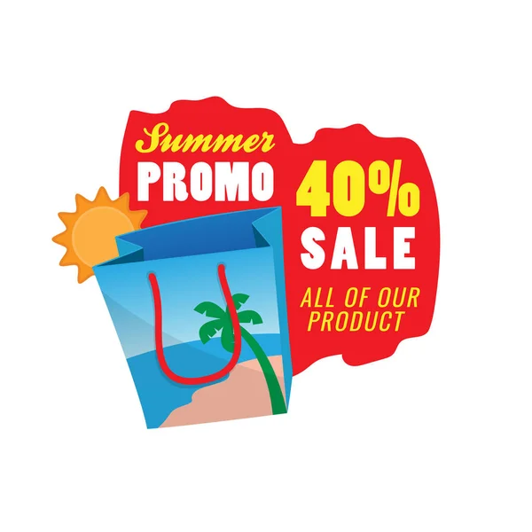 40% de descuento en la venta de la promoción de verano logotipo insignia ilustración vectorial. playa bolsa de compras icono con diseño de texto de etiqueta . — Vector de stock