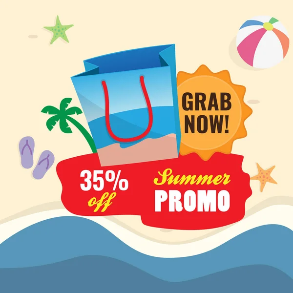 35% de descuento en la venta de verano vector de la ilustración. icono de la bolsa de compras con etiqueta de texto y arena playa fondo diseño . — Vector de stock