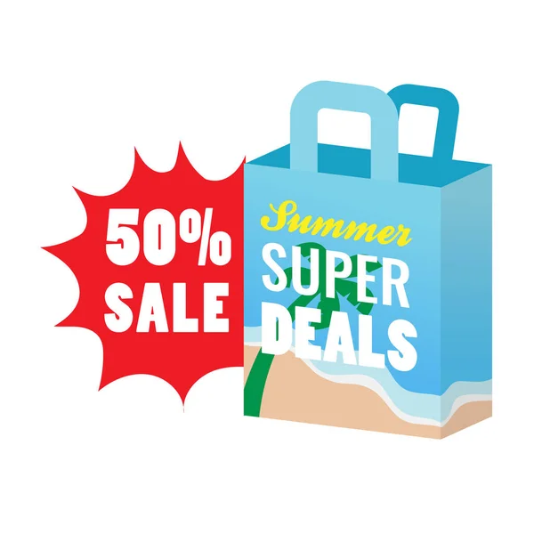 50% verano super ofertas bolsa de compras icono con texto etiqueta vector ilustración . — Vector de stock