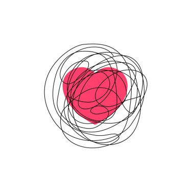 Karmaşık aşk hissi illüstrasyon. Karışık dağınık karalama hattı doodle ile kalp sembolü