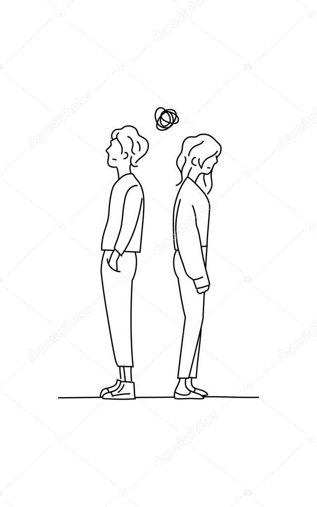 couple confused thinking about their relationship problem doodle drawing vector illustration. boy and girl stand back to back with small tangled messy scribble line ball symbol.