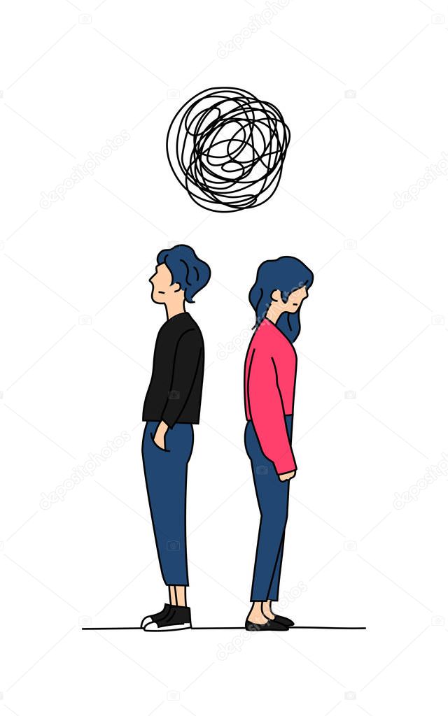 couple think complicated relationship problem doodle color drawing vector illustration. man and girl stand back to back with big tangled messy scribble line.