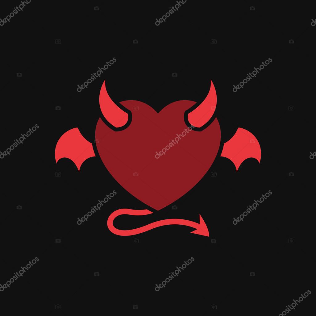 Devil love with demon wing tattoo vector design. heart icon with horn and tail illustration. simple graphic for evil relationship concept design.