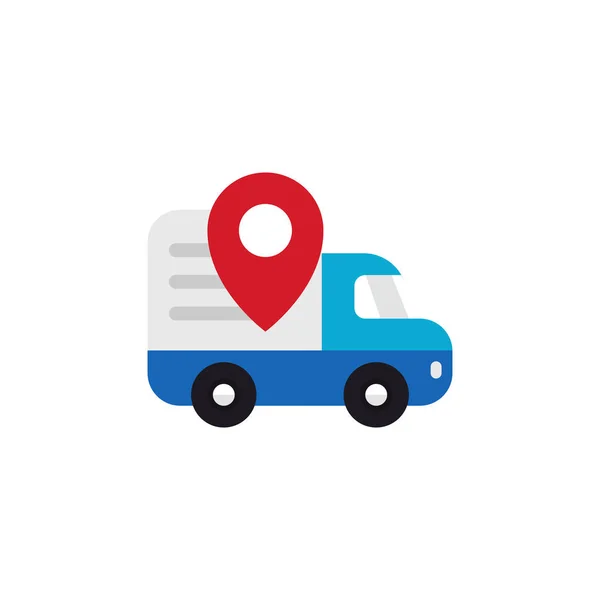 Design de ícone de rastreamento de caminhão de transporte. Carro em movimento com mapa pin localizador ilustração para correio entrega rastreador símbolo — Vetor de Stock