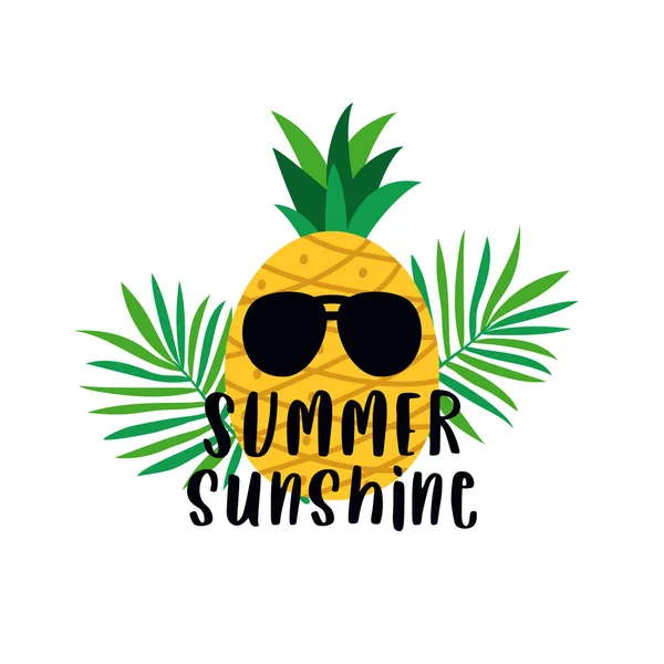 Tipografía sol verano texto cartel con piña usando gafas de sol y planta tropical fondo vector ilustración . — Vector de stock