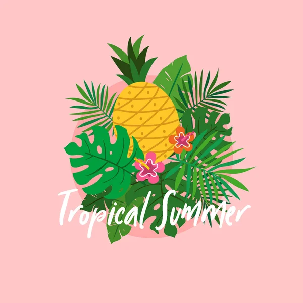 Conjunto de hojas de plantas tropicales con piña y flor para el verano tropical cartel concepto vector ilustración — Vector de stock