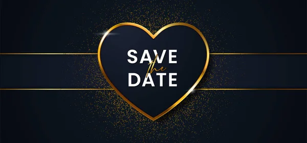 Spara datum lyx bröllop inbjudningskort Cover bakgrund. glödande gyllene kärlek Badge Frame vektor illustration med band prydnad — Stock vektor