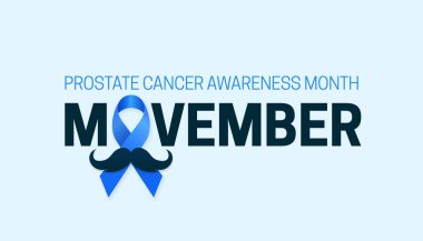Prostat kanseri farkındalığı ayı için Movember tipografi metni yok mavi kurdele sembolü ve bıyık vektör ilüstrasyonlu poster kampanya konsepti tasarımı