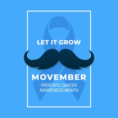 Basit temiz Movember Prostat Kanser Farkındalığı Ay poster tasarımı bıyık vektör çizimi ve mavi kurdele arkaplan.