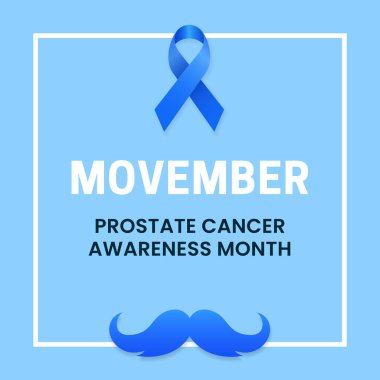 Movember Prostat Kanser Farkındalığı Ay poster tasarımı Mavi kurdele sembolü ve bıyık vektör çizimi