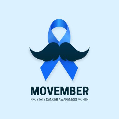 Movember Prostat Kanser Farkındalığı Ay poster tasarımı Mavi kurdele ve bıyık vektör çizimi