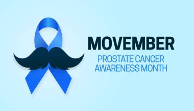 Movember Prostat Kanser Farkındalığı Ay poster tasarımı Mavi kurdele ve bıyık vektör çizimi