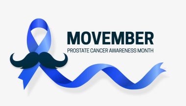 Movember Prostat Kanser Farkındalığı Ay poster tasarımı Mavi kurdele ve bıyık vektör çizimi