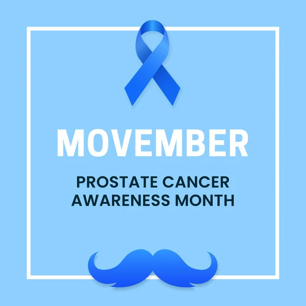 Movember Prostate Cancer Awareness Month poster design de campanha de fundo com símbolo de fita azul e ilustração do vetor bigode —  Vetores de Stock