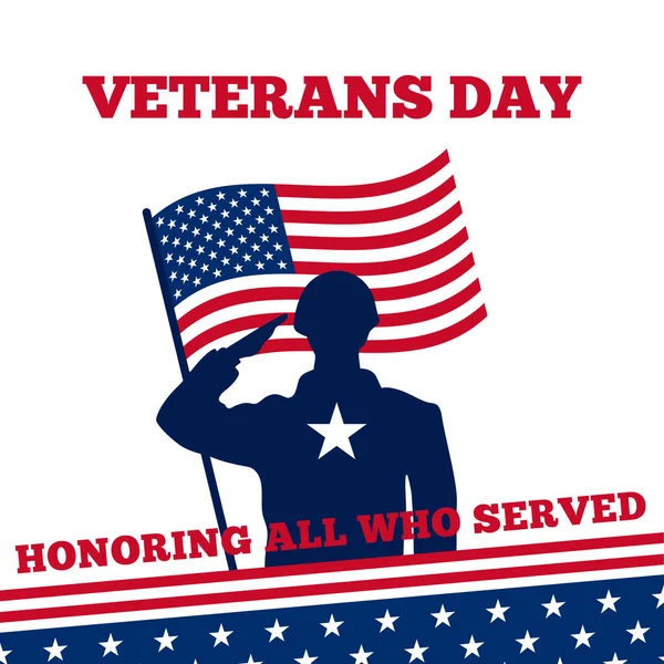 ( 영어 ) soldier salutation silhouette vector illustration with USA flag behind for happy Veterans Day poster backdesign — 스톡 벡터