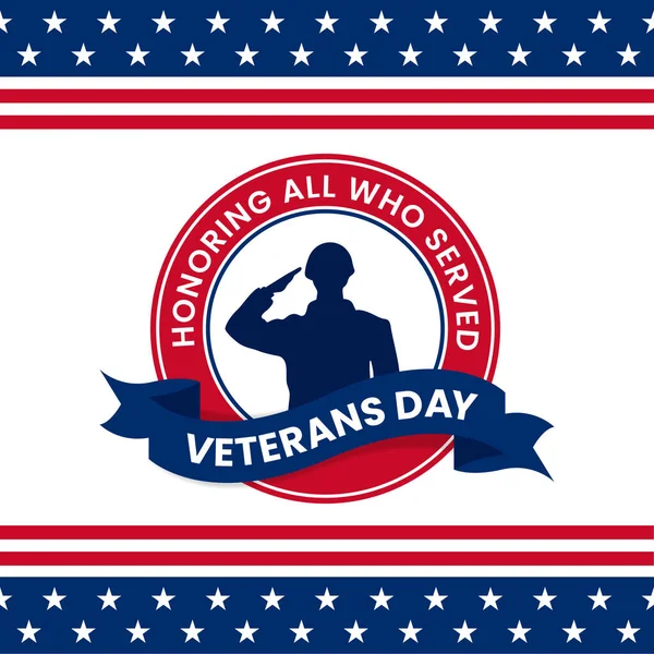 Ευτυχισμένη ημέρα βετεράνων τιμώντας όλους όσους υπηρέτησε ρετρό vintage λογότυπο γιορτή αφίσα αφίσα διάνυσμα σχεδιασμό. Στρατιώτης στρατιωτική εικόνα χαιρετισμού σιλουέτα με ΗΠΑ σημαία γραφικό στολίδι — Διανυσματικό Αρχείο