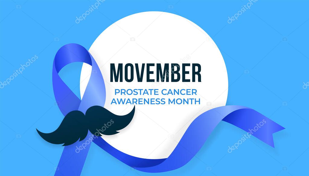 Movember Prostate Cancer Awareness Month poster background campaign design with blue ribbon and mustache vector illustration