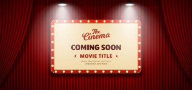 Yakında sinemanın afiş tasarımında gelecek. Kırmızı tiyatro sahne perde arkaplanındaki klasik Retro tiyatro reklam panosu tabelası çift parlak spot ışığı vektör illüstrasyon arka plan şablonu.