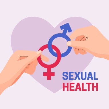 Dünya Cinsel Sağlık Günü vektör illüstrasyon poster konsepti. Düz grafik tasarım tarzında, kalp bandı arka plan şablonuna sahip çift el ele tutuşan erkek cinsiyet seks sembolü.