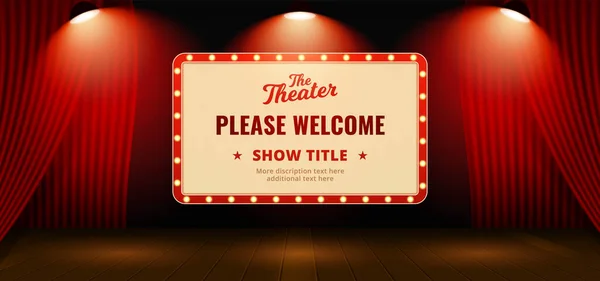 Please welcome retro classic sign board background design. Open red theater stage curtain backdrop with wooden floor base and full bright spotlight lamp vector illustration. poster banner template.