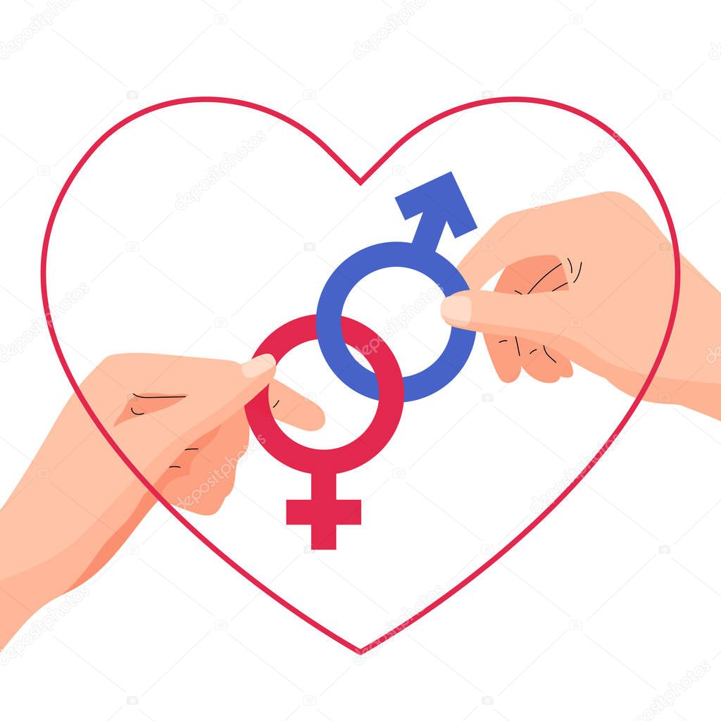 World Sexual Health Day vector illustration poster concept . Couple hand holding connected gender sex symbol banner background template. Flat graphic design style.