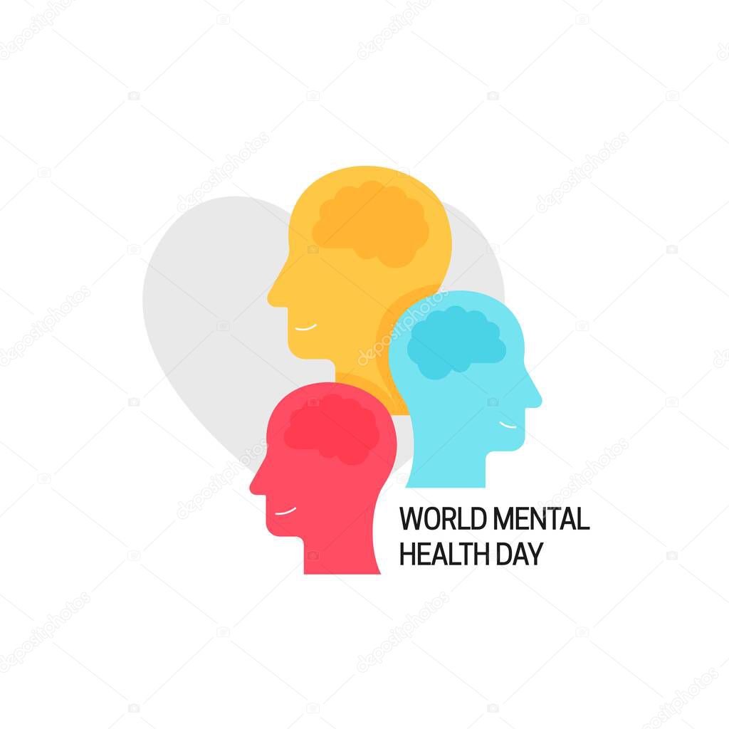 World mental health day concept poster. Group of colorful human heads with brain vector illustration on love heart background.