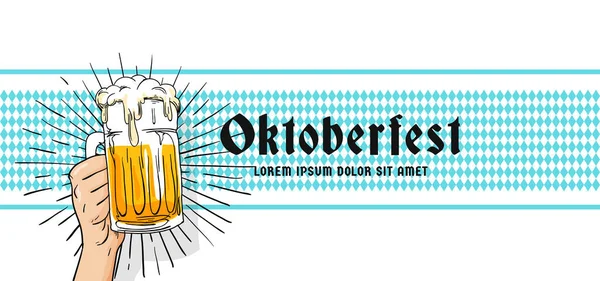 Simple Affiche Bannière Oktoberfest Main Tenant Plein Verre Dessin Ours — Image vectorielle