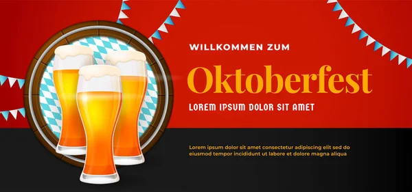 Willkommen Zum Oktoberfest Bierglasvektorillustration Mit Fasshintergrund Und Bayern Fahnenschmuck Deutsche — Stockvektor