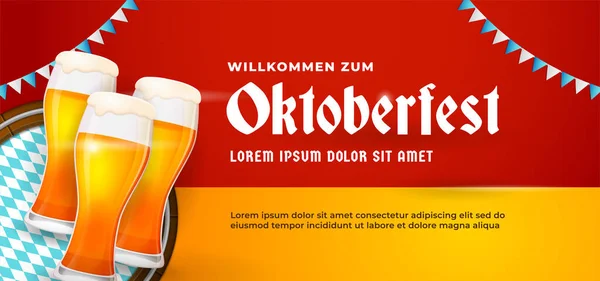 Willkommen Zum Oktoberfest Bierglasvektorillustration Mit Fasshintergrund Und Bayern Fahnenschmuck Deutsche — Stockvektor