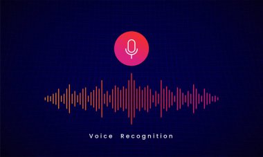 Ses Tanıma Yapay Zeka kişisel asistanı modern teknoloji görsel konsept vektör çizimi tasarımı. Koyu renk ses dalgası spektrum çizgisine sahip mikrofon simgesi düğmesi