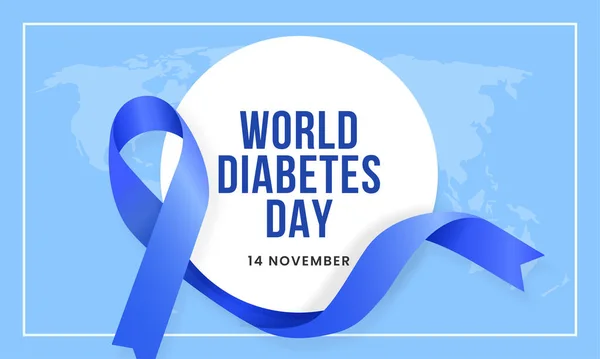 世界糖尿病の日の意識のポスターバナー世界地図上の青いリボンと円のバッジの背景デザインバナーのイラスト — ストックベクタ