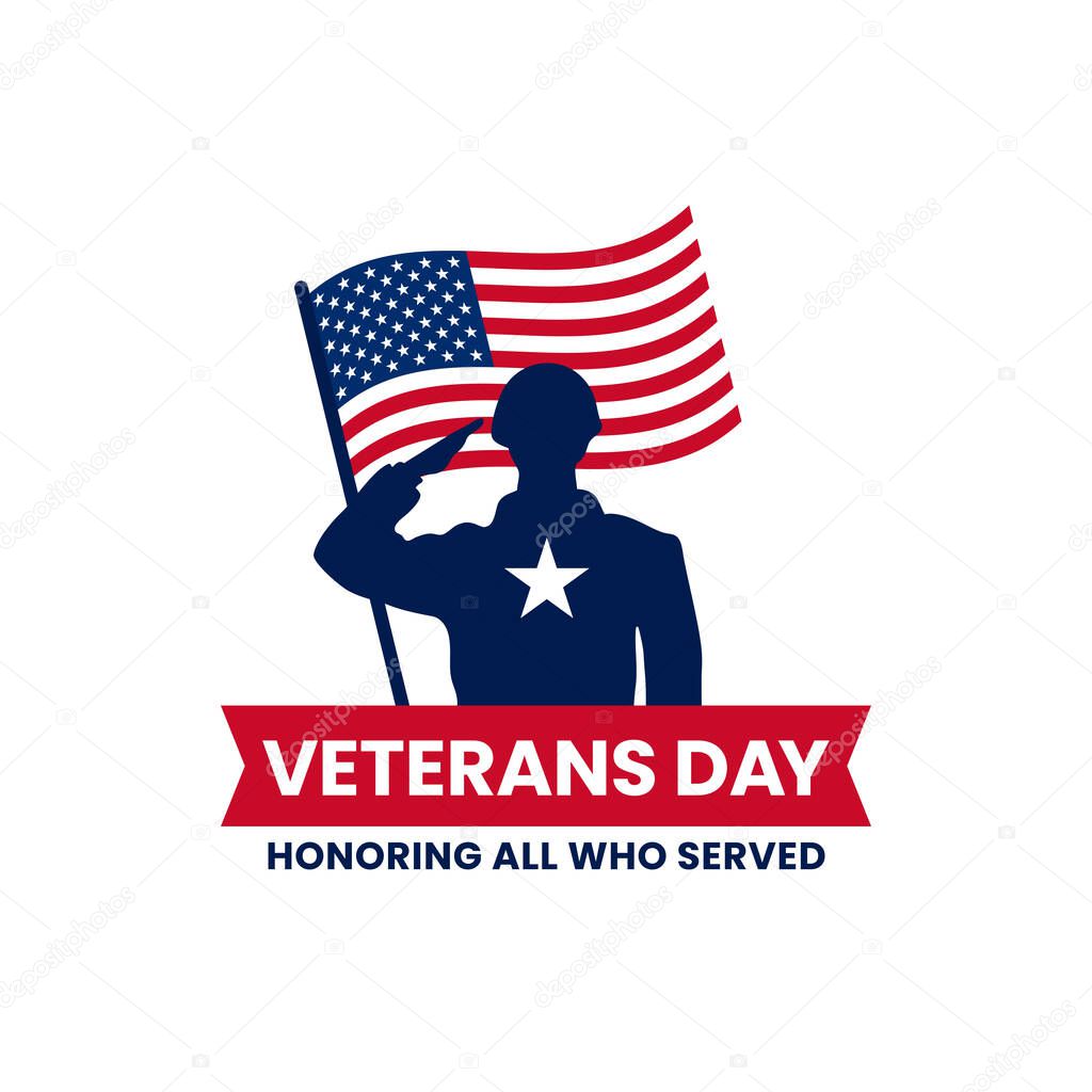 Happy veterans day honoring all who served retro vintage logo badge celebration poster background vector design. Soldier military salutation silhouette illustration with usa america flag graphic ornament