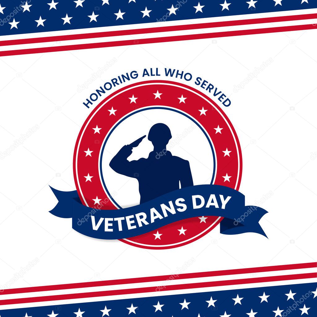 Happy veterans day honoring all who served retro vintage logo badge celebration poster background vector design. Soldier military salutation silhouette illustration with usa america flag graphic ornament