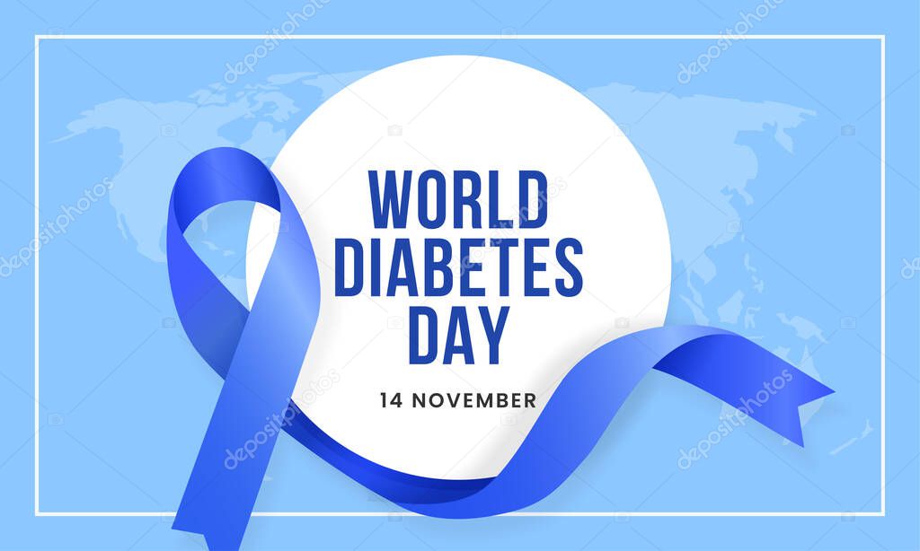 World diabetes day awareness poster banner background design with blue ribbon and circle badge on world map banner vector illustration