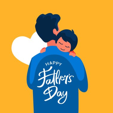 Babam, Mutlu Babalar Günü poster şablonu tasarımı için sırtında el yazısıyla çocuk vektör düz çizimi tutuyor.