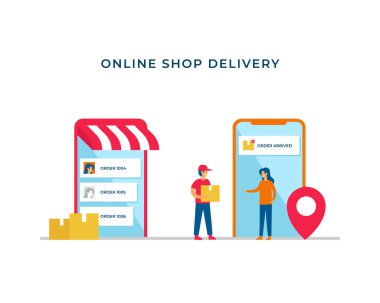 Online shop delivery trust process vector illustration concept design. courier man bring the shipment box to costumer with mobile smartphone notification tracking information. clipart