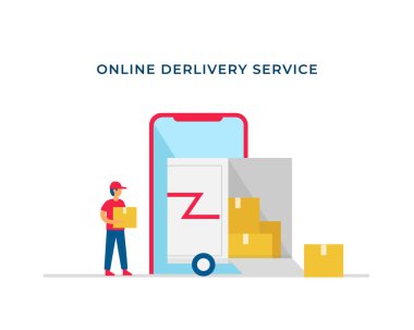Çevrimiçi alışveriş hizmeti vektör düz çizim akıllı telefon ve paket karton dolu kargo kamyonu açtı ve nakliye kuryesi bir kutu getirdi.