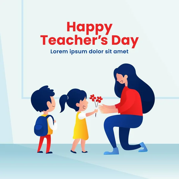 Kids student giving flower to her teacher flat illustration for happy teacher's day background poster concept. Modern flat style graphic design.