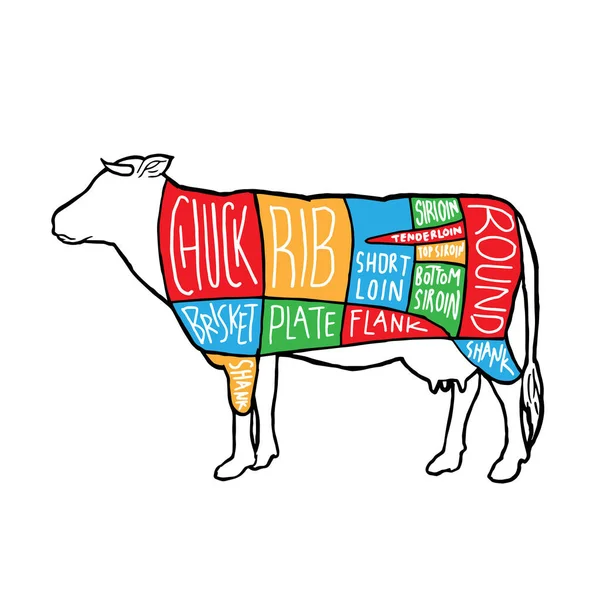 Amerikanische Bunte Fleischschnitte Diagramm Plakatentwurf Rindfleisch Schema Für Metzgerei Vektor — Stockvektor
