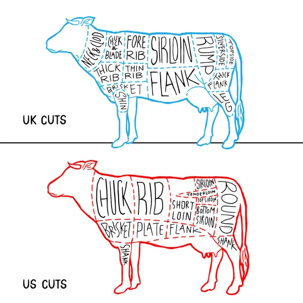 Fleisch Schneidet Diagramm Plakatentwurf Rindfleisch Schema Für Metzgerei Vektor Illustration — Stockvektor