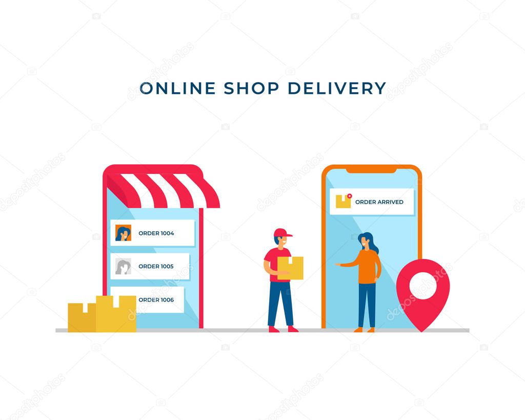 Online shop delivery trust process vector illustration concept design. courier man bring the shipment box to costumer with mobile smartphone notification tracking information.