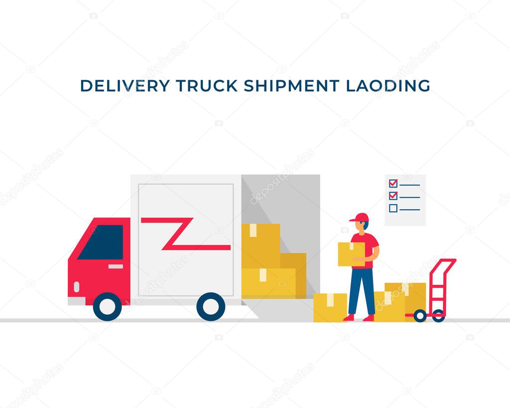 Delivery truck shipment loading process vector flat illustration design. Open box delivery truck full of package with courier man bring the shipment.
