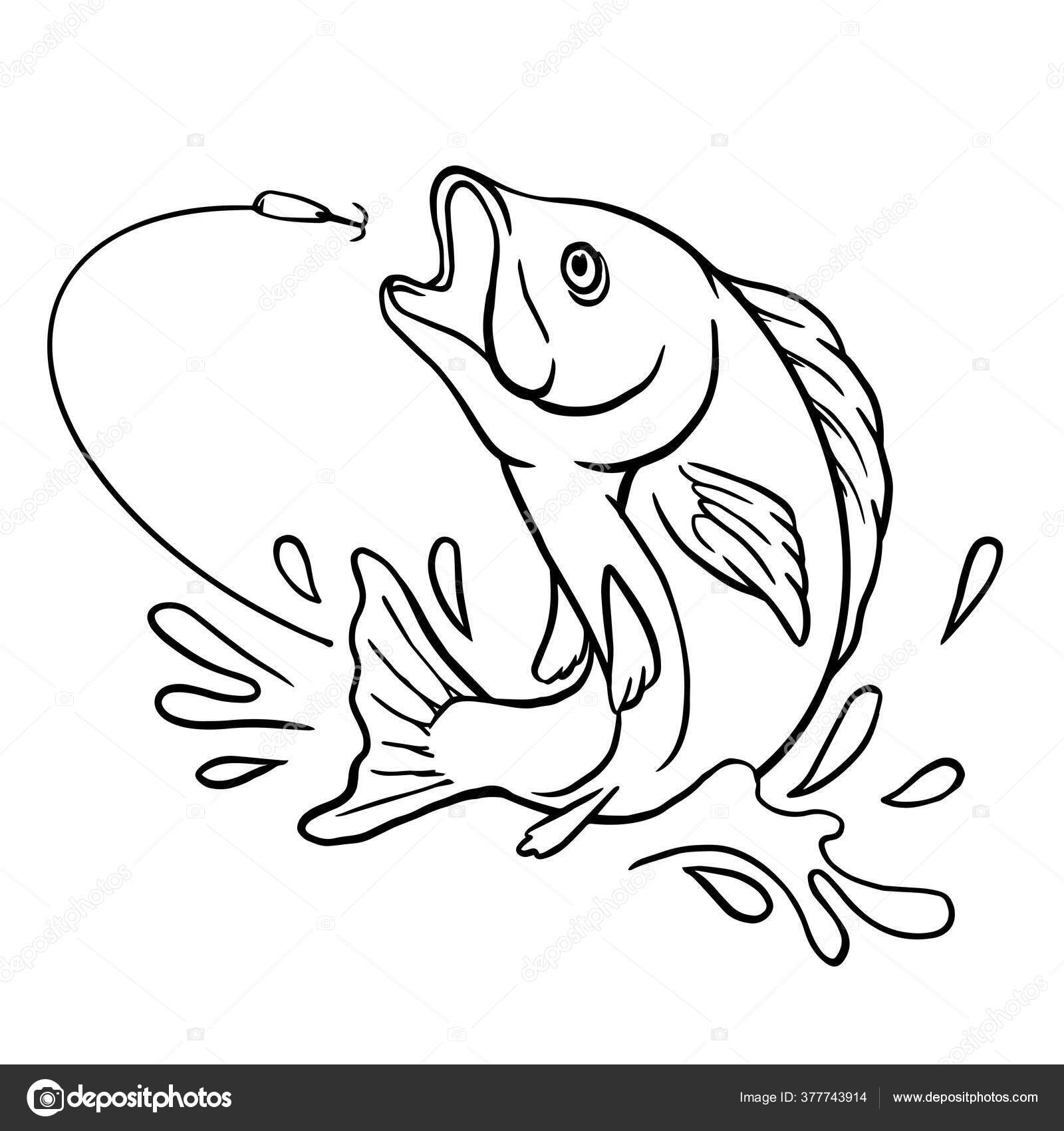 Fishing Outline Drawing Fish Jump Eat Bait Hook Splash Water Stock