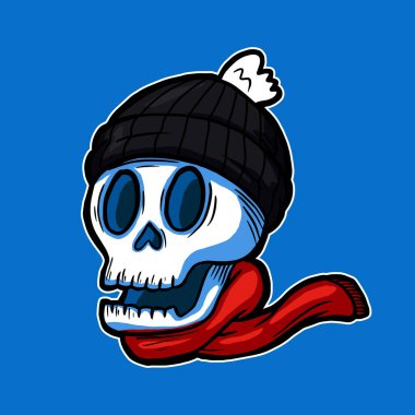 Smiling skull head wearing knitted beanie hat and scarf vector illustration character colored handrawn tattoo sticker design for winter season concept clipart