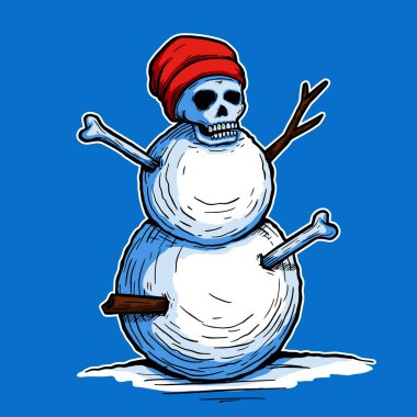 Creepy skull head snowman waring beanie hat with twig and bone stuck in the body illustration character handrawn tattoo sticker design for winter season concept clipart