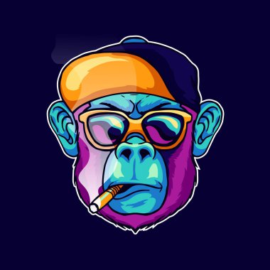 Havalı yüz maymunu sigara içiyor şık bir gözlük ve şapka vektör çizimi takıyor. Pop Art Renkli Hayvan Gorili Baş Yaratıcı Karakter Maskot Logosu Tasarımı