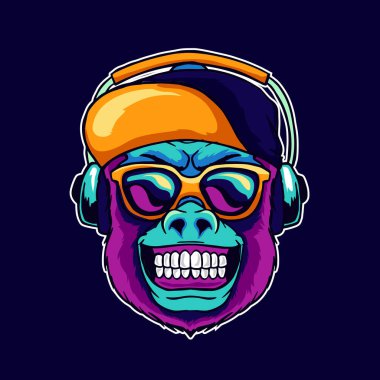 Maymun gülümsemesi havalı gözlük takar ve şapka takar kulaklık vektör illüstrasyonunda güzel müzik dinler. Yaratıcı DJ ses stüdyosu için Pop Art Renk Hayvanı Kafa Logosu Tasarımı.